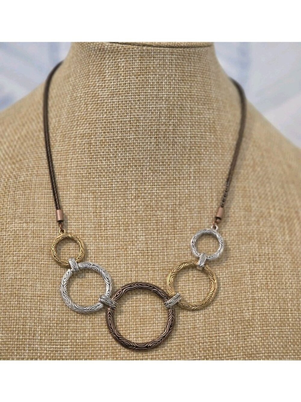 Mixed Copper Gold Silver Tone Open Circle Boho 18" Necklace